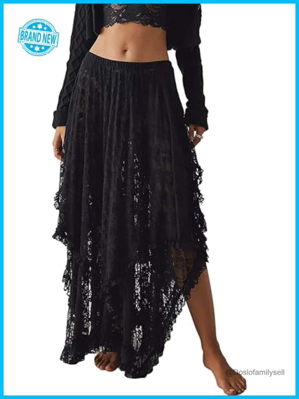 Women's Floral Lace Maxi Skirt Asymmetrical Layered Hem Elastic Waist